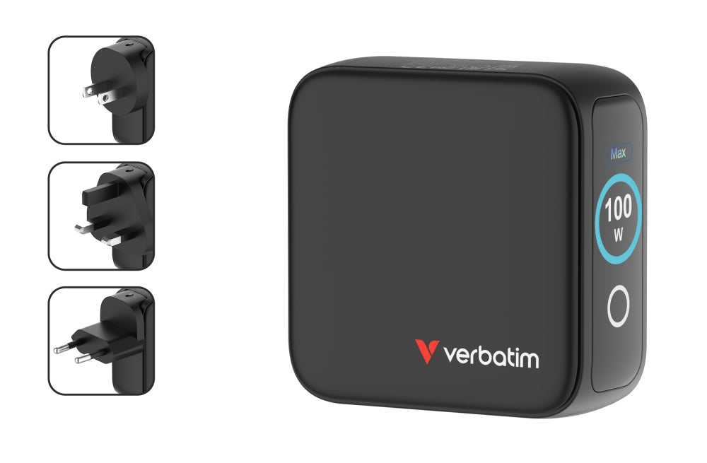 Verbatim Mini GaN Charger 100W with Display + 100W USB-C to USB-C Cable (Charger and Data transfer) Grey