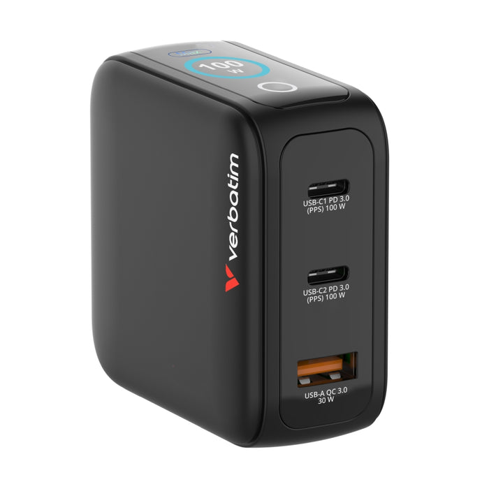 Verbatim Mini GaN Charger 100W with Display + 100W USB-C to USB-C Cable (Charger and Data transfer) Grey