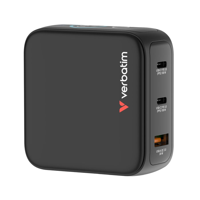 Verbatim Mini GaN Charger 100W with Display + 100W USB-C to USB-C Cable (Charger and Data transfer) Grey