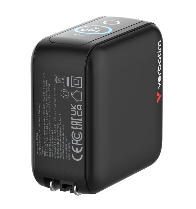 Verbatim Mini GaN Charger 140W with Display + 140W USB-C to USB-C Cable (Charger and Data transfer) Grey