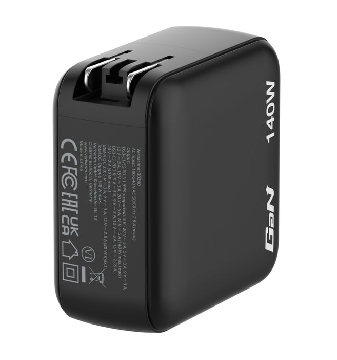 Verbatim Mini GaN Charger 140W with Display + 140W USB-C to USB-C Cable (Charger and Data transfer) Grey