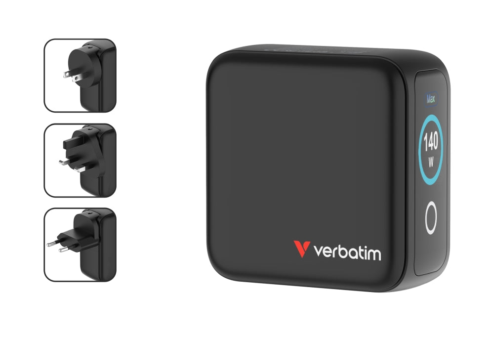 Verbatim Mini GaN Charger 140W with Display + 140W USB-C to USB-C Cable (Charger and Data transfer) Grey