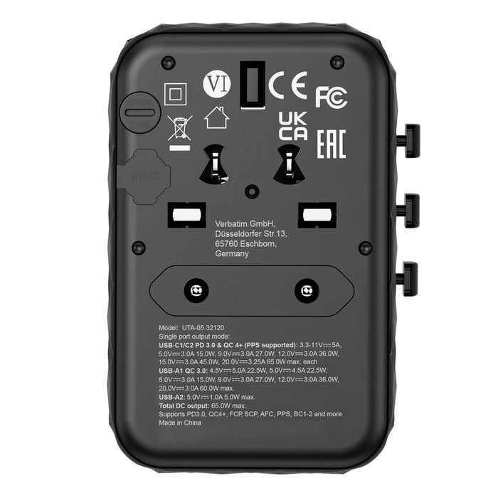 Verbatim UTA-05 GaN III Universal Travel Adapter with 2 x USB-C PD 65W & QC 4+ / 2 x USB-A