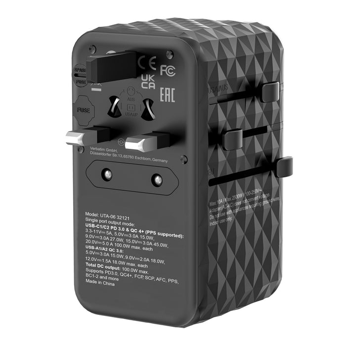 Verbatim UTA-06 GaN III Universal Travel Adapter with 2 x USB-C PD 100W & QC 4+ / 2 x USB-A QC 3.0