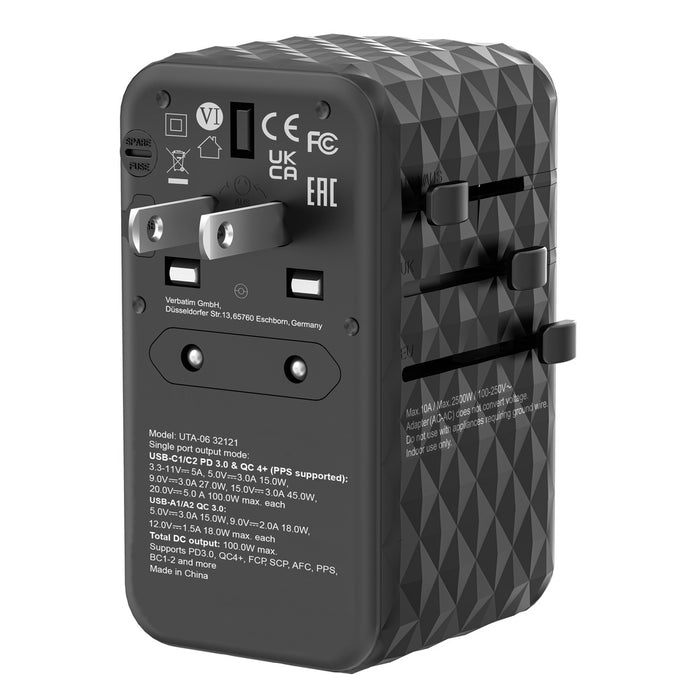Verbatim UTA-06 GaN III Universal Travel Adapter with 2 x USB-C PD 100W & QC 4+ / 2 x USB-A QC 3.0
