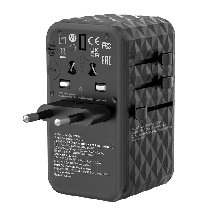 Verbatim UTA-06 GaN III Universal Travel Adapter with 2 x USB-C PD 100W & QC 4+ / 2 x USB-A QC 3.0