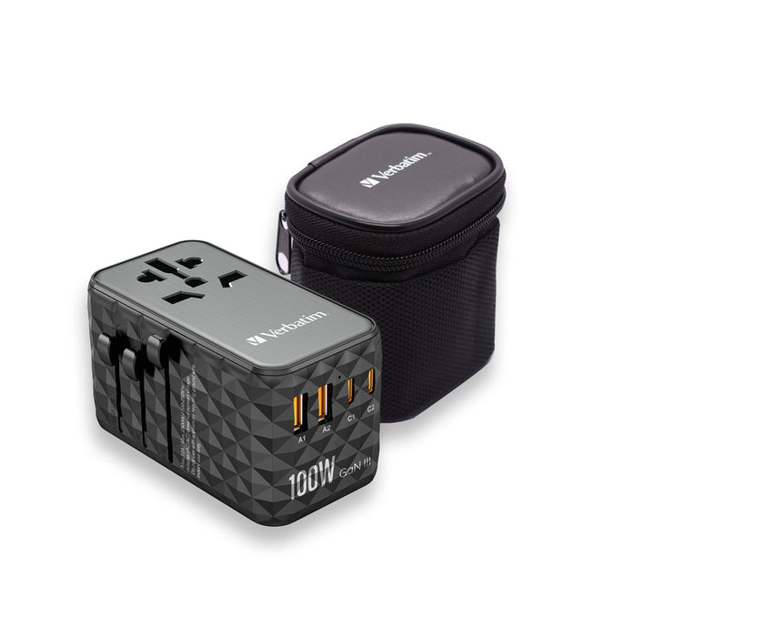 Verbatim UTA-06 GaN III Universal Travel Adapter with 2 x USB-C PD 100W & QC 4+ / 2 x USB-A QC 3.0