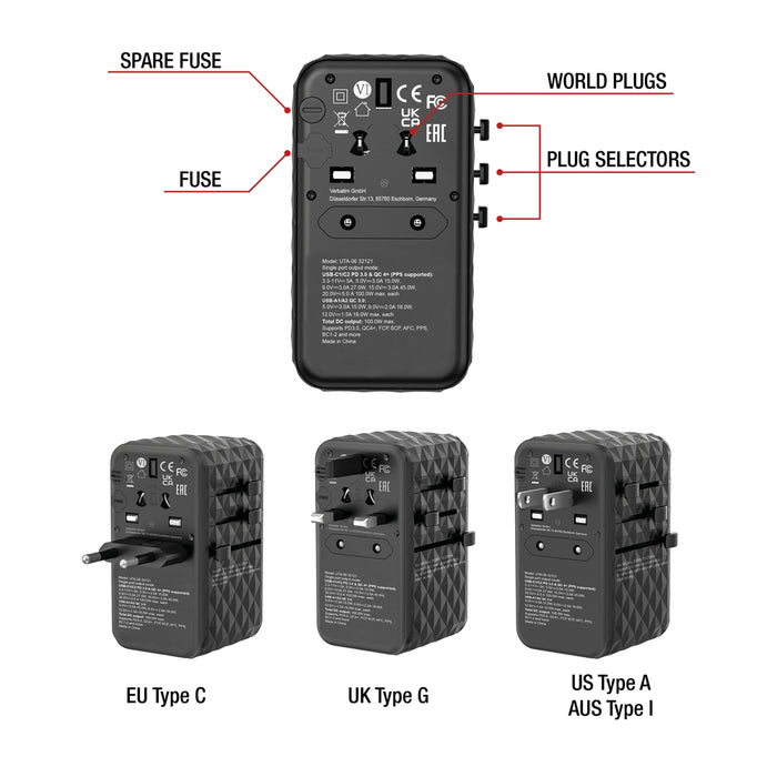 Verbatim UTA-06 GaN III Universal Travel Adapter with 2 x USB-C PD 100W & QC 4+ / 2 x USB-A QC 3.0