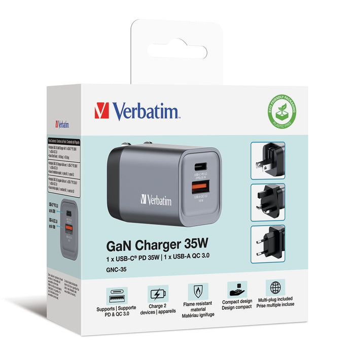 Verbatim GNC-35 GaN Charger 2 Port 35W USB A/C (EU/UK/US)