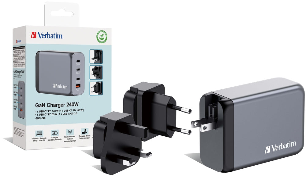 Verbatim GNC-240 GaN Charger 4 Port 240W USB A/C (EU/UK/US)
