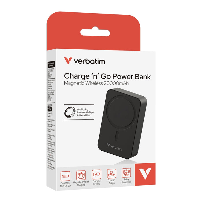 Verbatim Charge 'n' Go Essentials Power Bank Magnetic Wireless 20000mAh Black