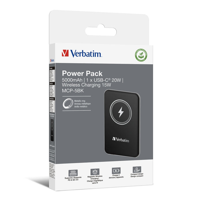 Verbatim MCP-5BK Power Pack 5000 mAh with UBS-C PD 20W / Magnetic Wireless Charging 15W Black