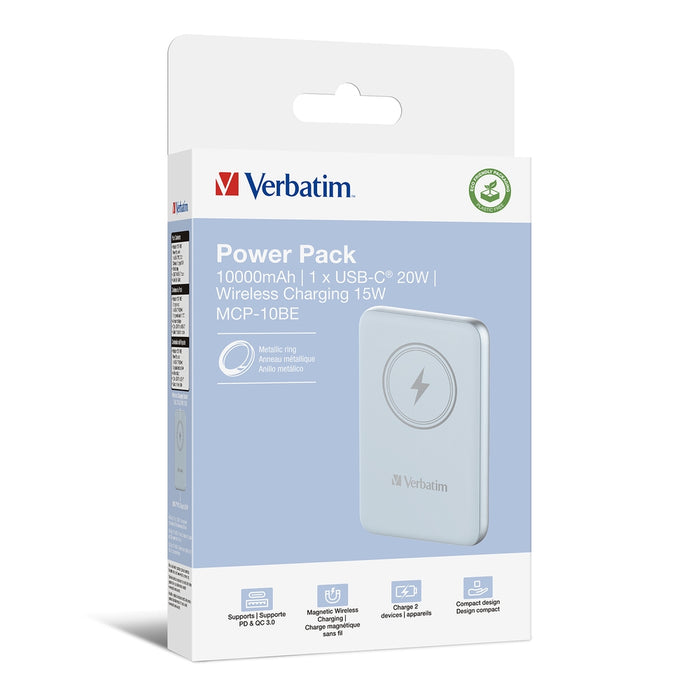 Verbatim MCP-10BE Power Pack 10000 mAh with UBS-C PD 20W / Magnetic Wireless Charging 15W Blue