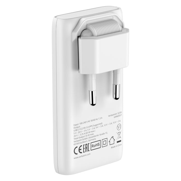Verbatim Fold 'n' Go GaN Charger 65W EU plug White