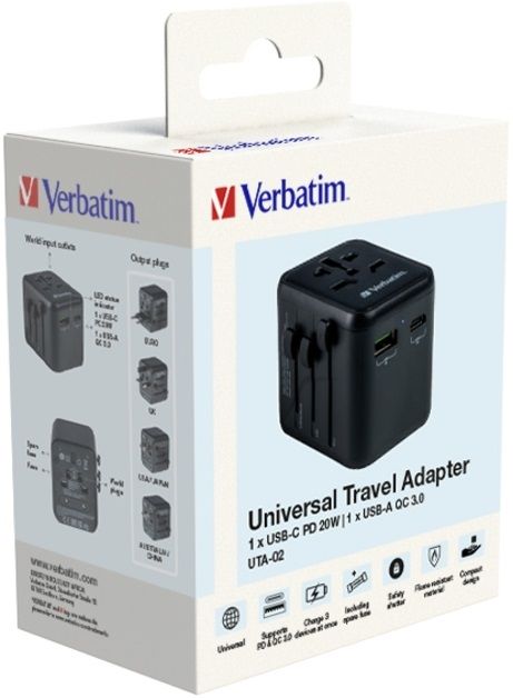 Verbatim UTA-02 Universal Travel Adapter with 1 x USB-C PD 20W / 1 x USB-A QC 3.0