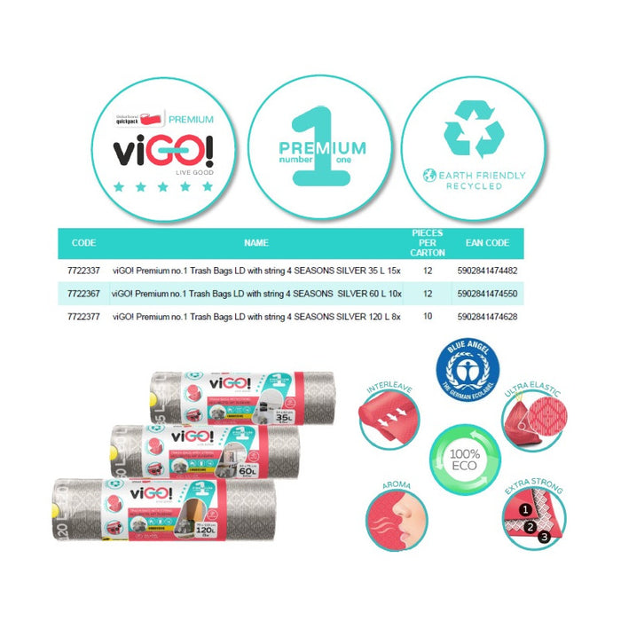 GARBAGE BAGS SILVER 35L WITH TIE 15PCS. PREMIUM #1 VIGO