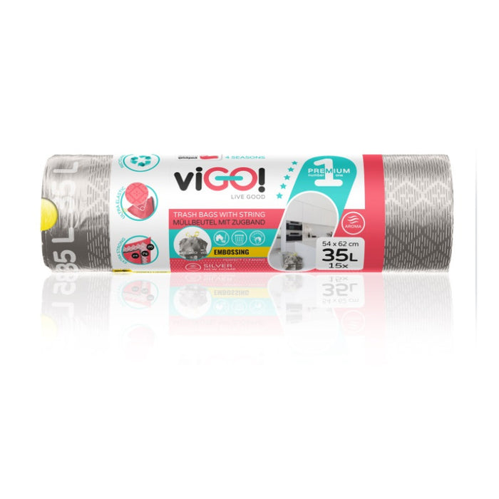 GARBAGE BAGS SILVER 35L WITH TIE 15PCS. PREMIUM #1 VIGO
