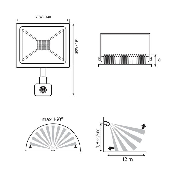 LED SPOTLIGHT WITH SENSOR 20W 6400K 1600LM IP44 VIVALUX NYX