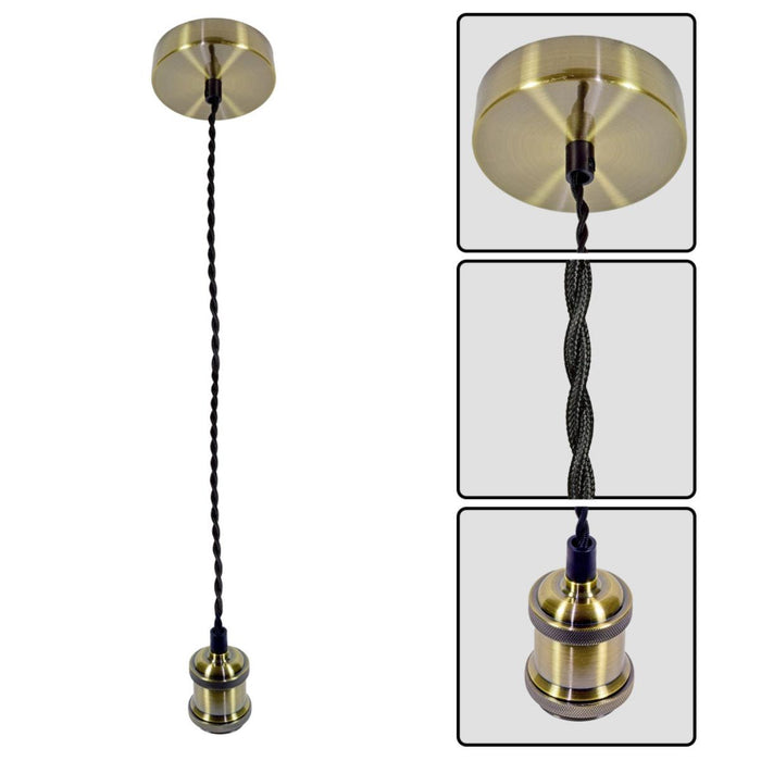 PENDANT E27 RETRO ANTIQUE GOLD WITH BLACK TWISTED CABLE VIVALUX