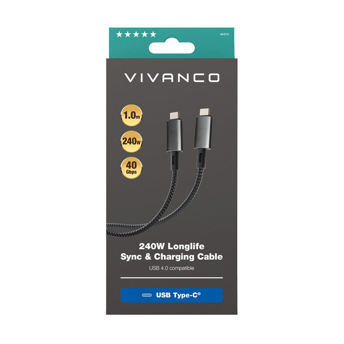 Cable VIVANCO USB C 4.0 LONGLIFE 1 m 640124 up to 240 W and up to 40 Gbps
