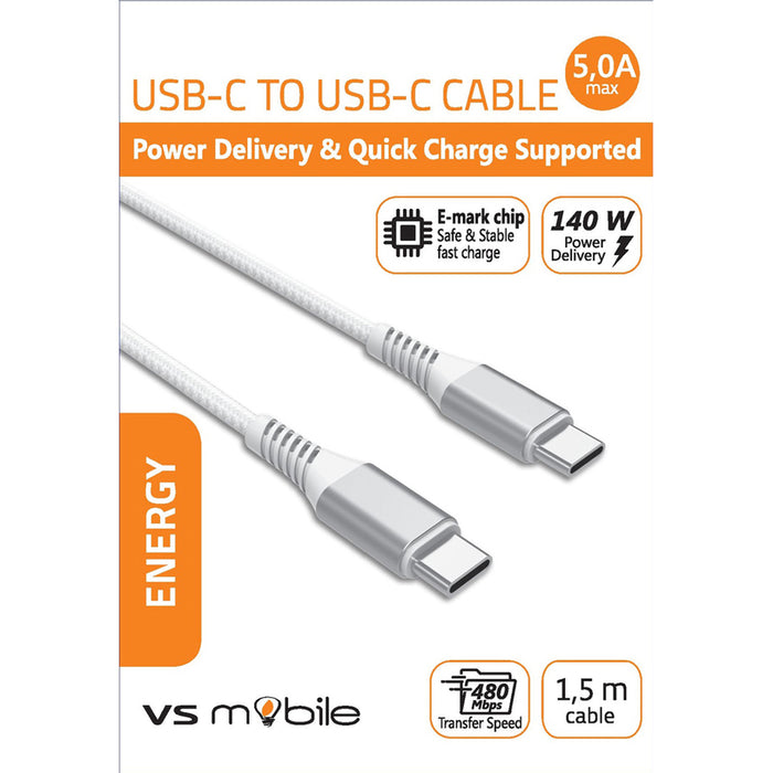 CABLE USB-C PD 140W, 5A, 1.5 m WHITE