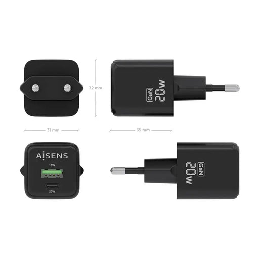 Wall Charger Aisens ASCH-20W2P011-BK 20 W Black (1 Unit) - Електроника Телефони и таблети<<<Компютри|