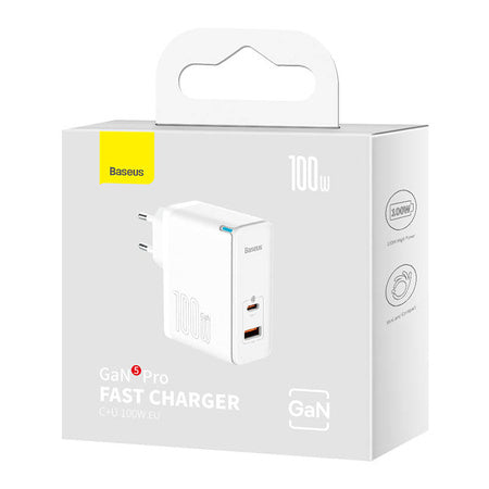 Wall charger Baseus GaN5 Pro USB-C + USB 100W + 1m cable (white) - mains chargers<<<Chargers<<<GSM