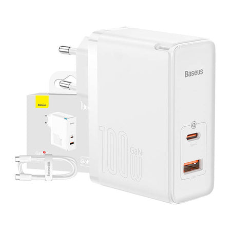 Wall charger Baseus GaN5 Pro USB-C + USB 100W + 1m cable (white) - mains chargers<<<Chargers<<<GSM
