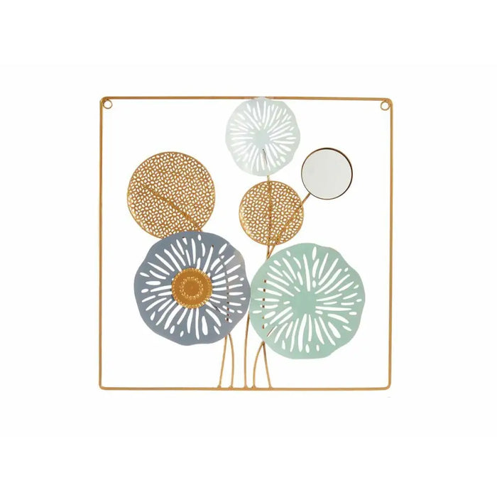 Wall Decoration Gift Decor Yellow Blue White Multicolour Golden Metal Crystal Flowers Mirror 45 x 45 x 2 cm (4 Units)
