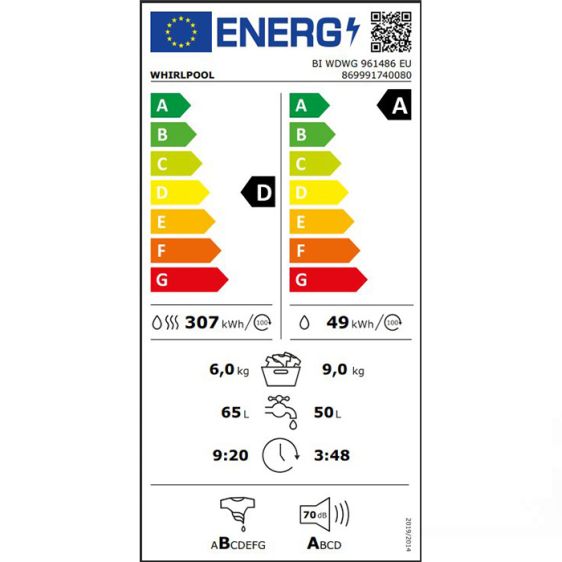 Built-in washer dryer WHIRLPOOL BI WDWG 961486 EU, 9/6 kg, FreshCare+, 1400 rpm