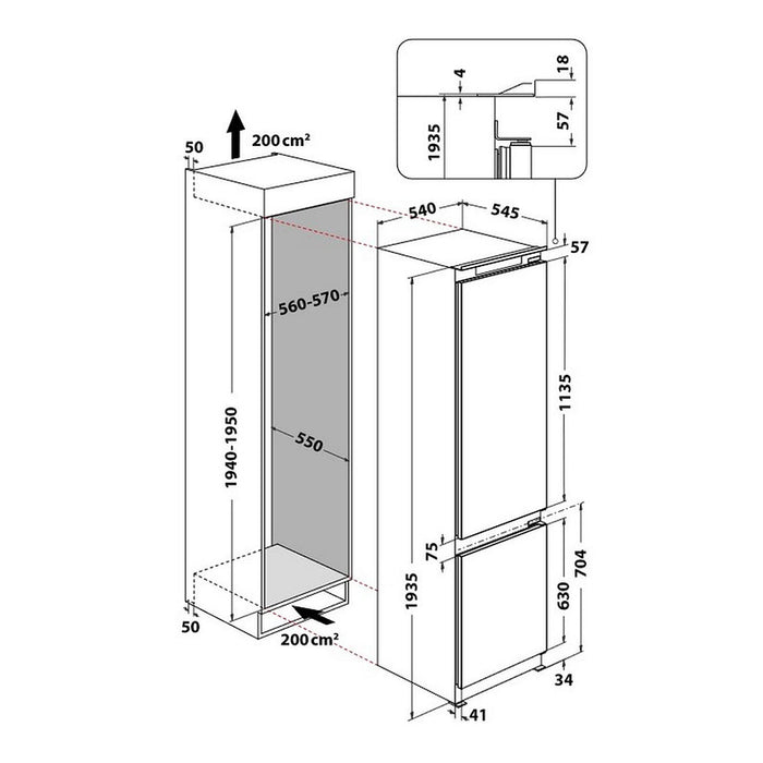 Built-in refrigerator WHIRLPOOL WHC20D013D1, 300 l, 6th SENSE, 195 cm
