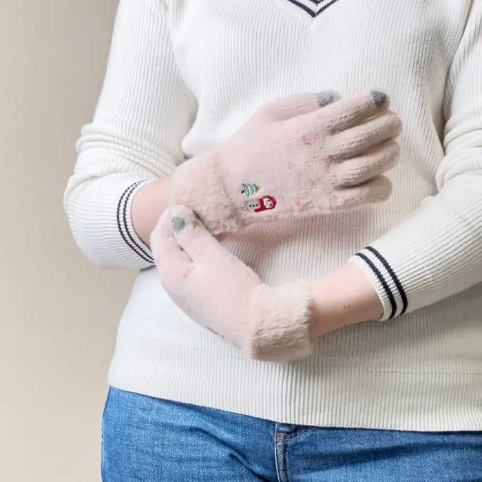 Women’s winter telephone gloves with a snowman and a Christmas tree - beige - Cycling gloves<<<HurtelXML