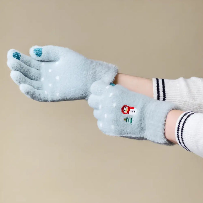 Women’s winter telephone gloves with a snowman and a Christmas tree - green - Cycling gloves<<<HurtelXML