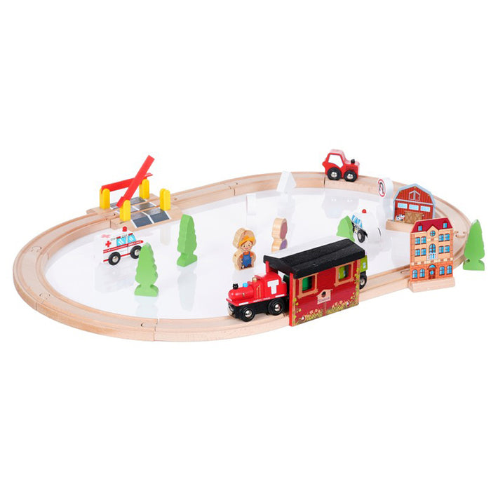 WOODEN RAILWAY COMPOSITE. WITH TRAIN BRIDGE AND FENCES, 70 PIECES