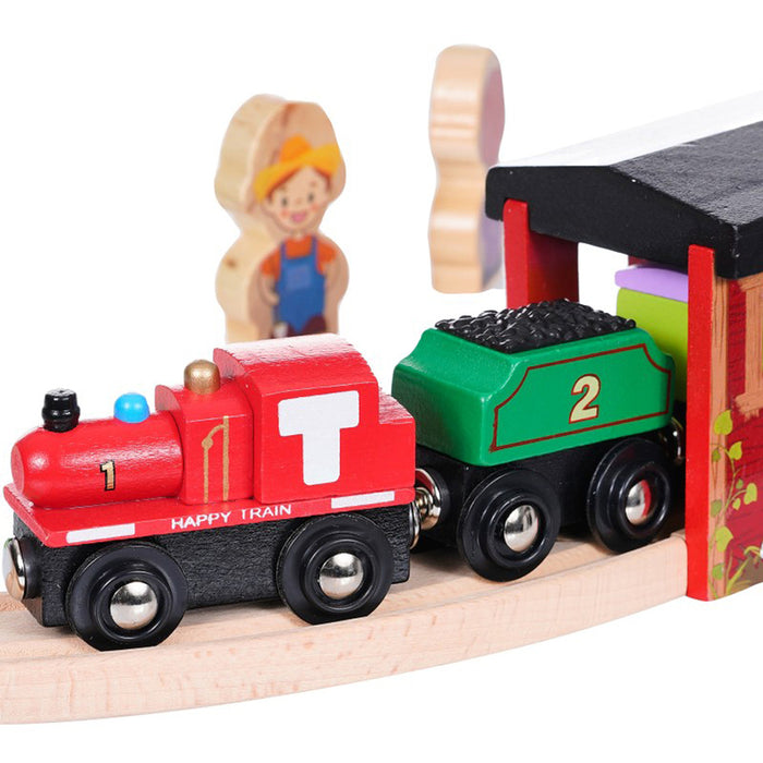 WOODEN RAILWAY COMPOSITE. WITH TRAIN BRIDGE AND FENCES, 70 PIECES