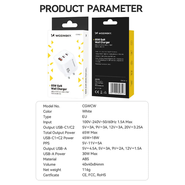 Wozinsky CGWCW 65W GaN Wall Charger USB-A / 2 x USB-C - White - Cell phone USB charger<<<HurtelXML