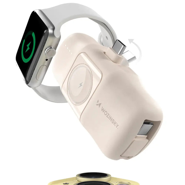 Wozinsky WF16-YCS 5000mAh 15W USB-C Mini Power Bank with Built-in USB-C Cable and Apple Watch Charger - Beige