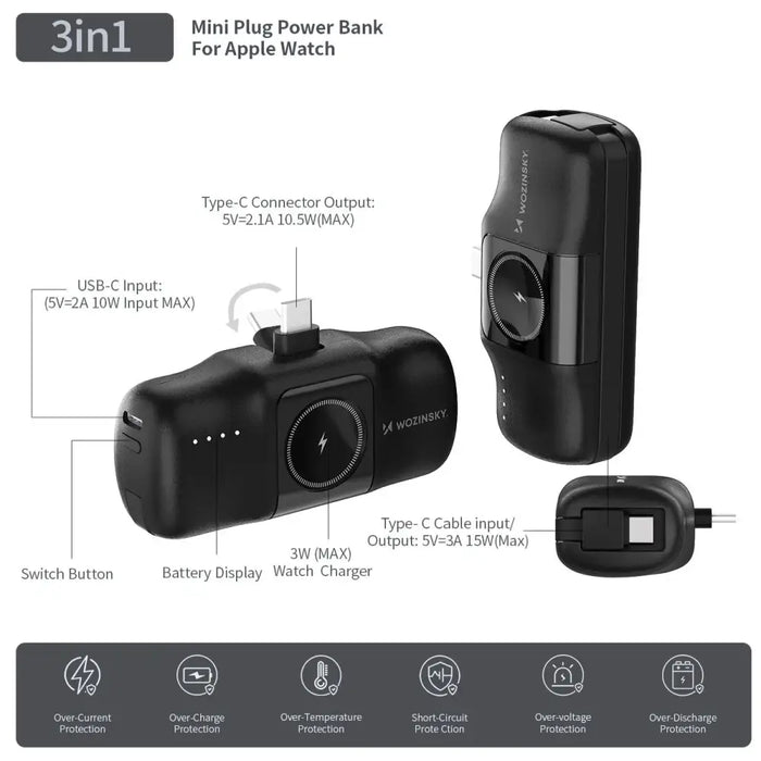 Wozinsky WF16-YCS 5000mAh 15W USB-C Mini Power Bank with Built-in USB-C Cable and Apple Watch Charger - Black