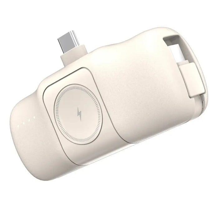 Wozinsky WF16-YCS 5000mAh 15W USB-C Mini Power Bank with Built-in USB-C Cable and Apple Watch Charger - Beige