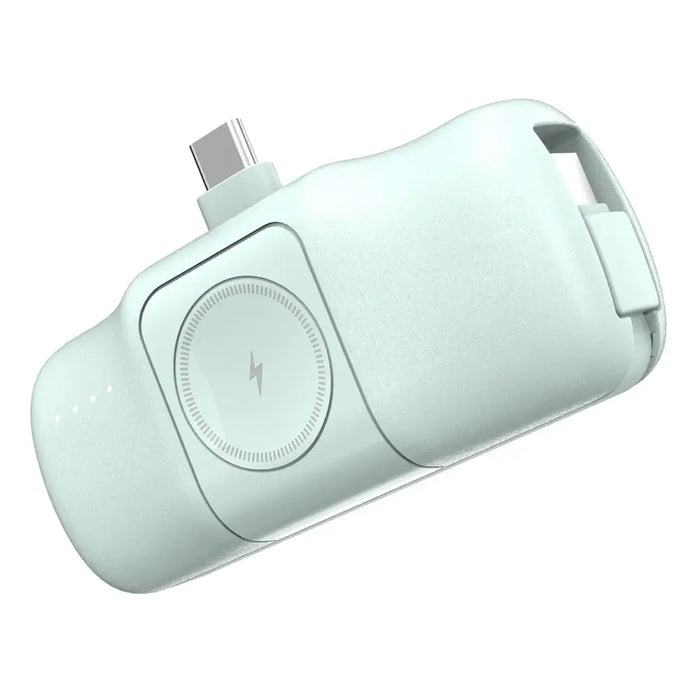 Wozinsky WF16-YCS 5000mAh 15W USB-C Mini Power Bank with Built-in USB-C Cable and Apple Watch Charger - Green