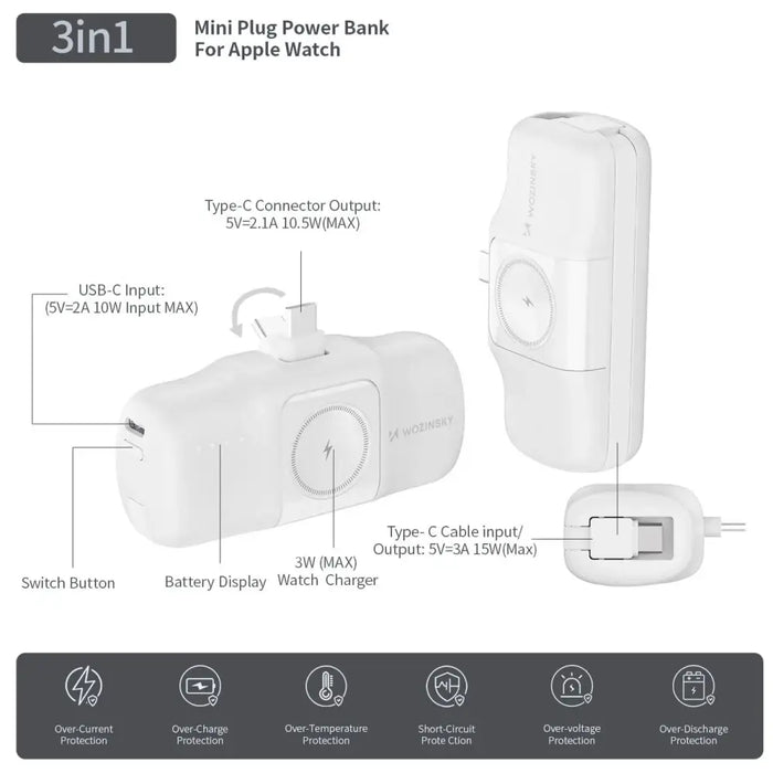 Wozinsky WF16-YCS 5000mAh 15W USB-C Mini Power Bank with Built-in USB-C Cable and Apple Watch Charger - White