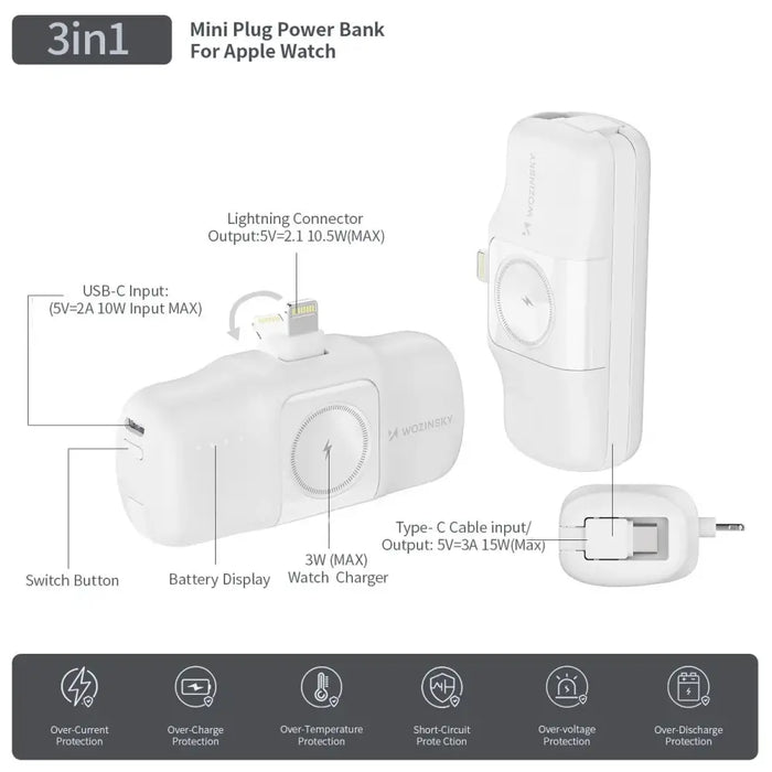 Wozinsky WF16-YLS 5000mAh 15W Lightning Mini Power Bank with Built-in USB-C Cable and Apple Watch Charger - White