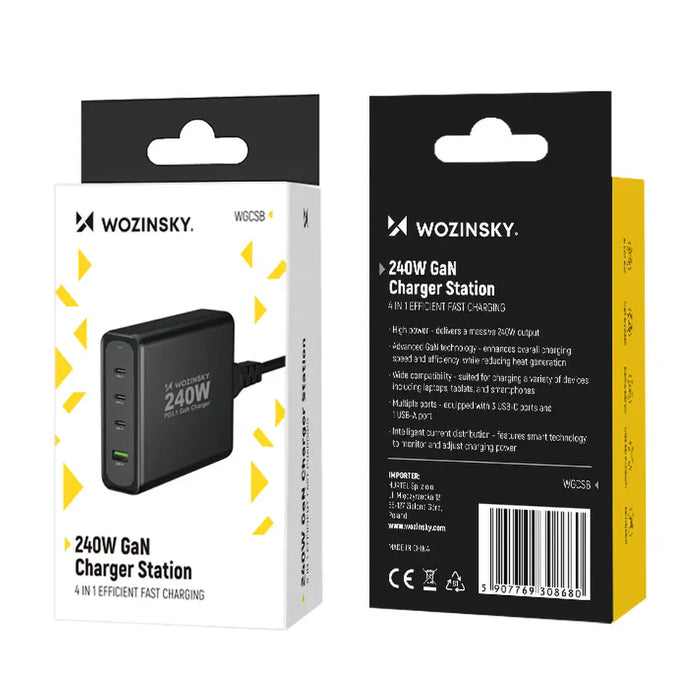 Wozinsky WGCSB 240W GaN Wall Charger USB-A / 3 x USB-C - Black - Cell phone USB charger<<<HurtelXML