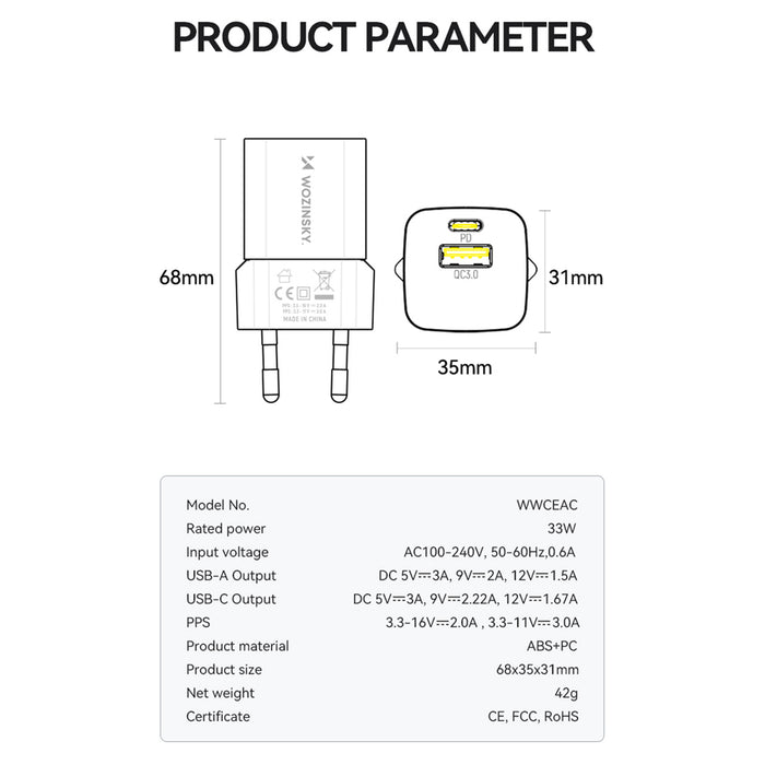 Wozinsky WWCEAC GaN USB-A USB-C 33W wall charger - white
