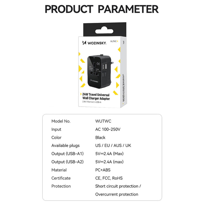 Wozinsky WUTWC travel adapter universal 24W EU / US / AUS / UK / 2x USB-A - black