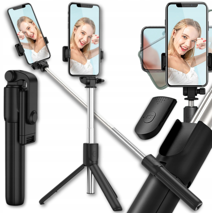 Selfie stick WHS1Y telescopic tripod 1m with phone holder - black
