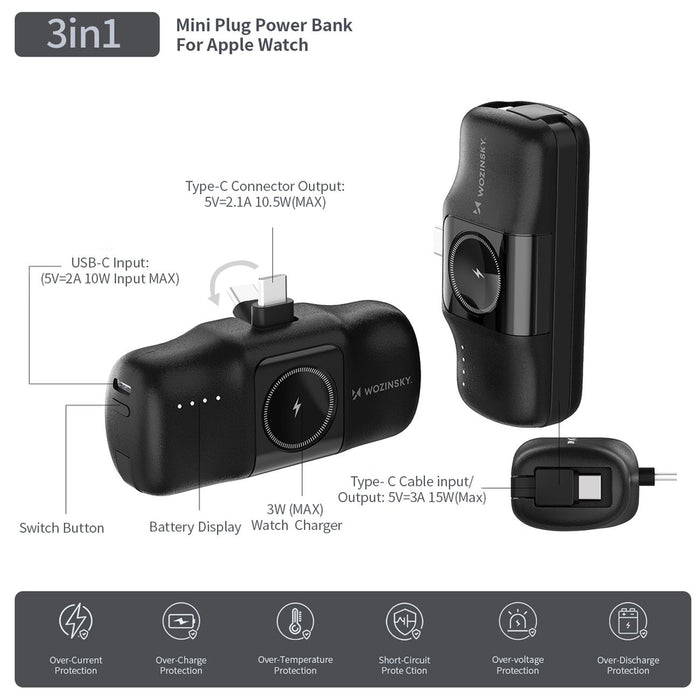 Wozinsky WF16-YCS 5000mAh 15W USB-C Mini Power Bank with Built-in USB-C Cable and Apple Watch Charger - Black
