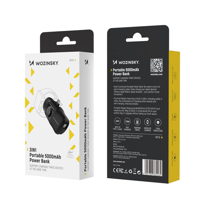 Wozinsky WF16-YCS 5000mAh 15W USB-C Mini Power Bank with Built-in USB-C Cable and Apple Watch Charger - Black
