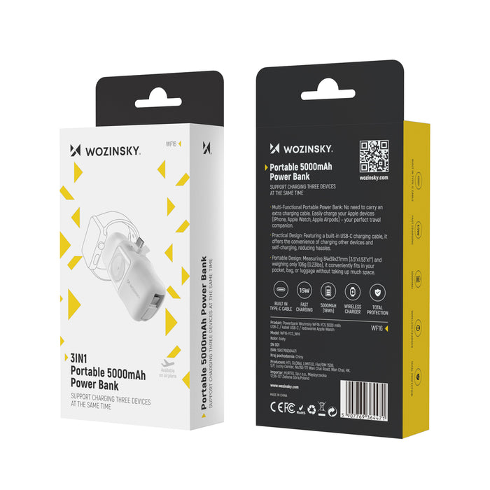 Wozinsky WF16-YCS 5000mAh 15W USB-C Mini Power Bank with Built-in USB-C Cable and Apple Watch Charger - White