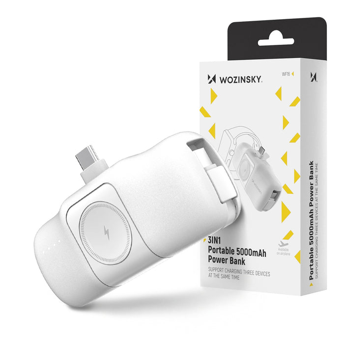 Wozinsky WF16-YCS 5000mAh 15W USB-C Mini Power Bank with Built-in USB-C Cable and Apple Watch Charger - White